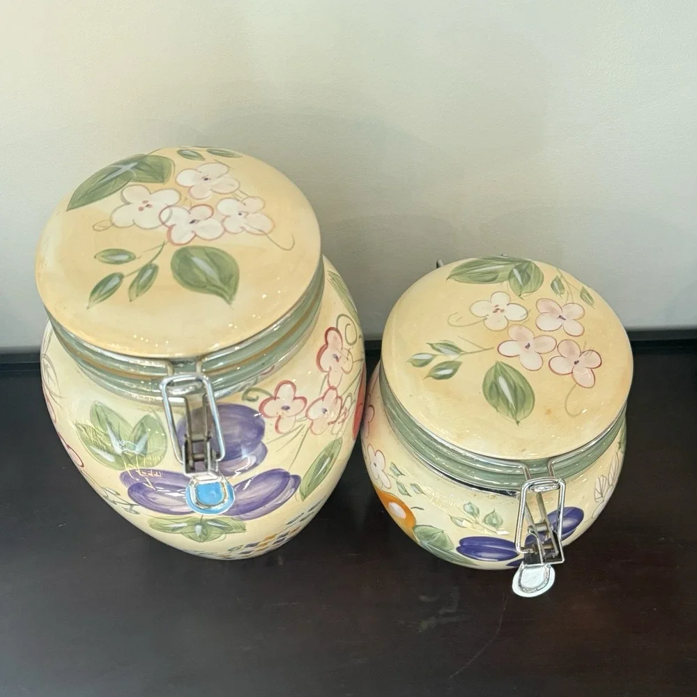 Vintage Gibson Designs Fruit Grove Ceramic Canister Set 2 Floral Fruit Cottage